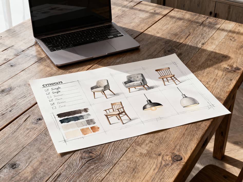 Diseño de interiores con bocetos de muebles y portátil. Servicios Valorium.