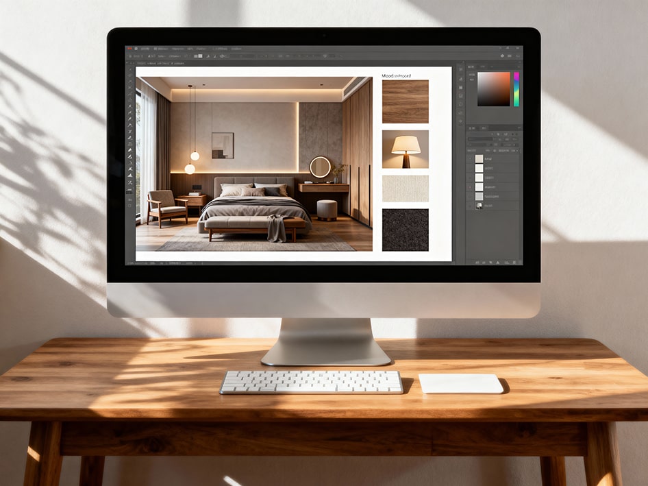 Diseño de dormitorio moderno en pantalla de ordenador con paleta de colores.