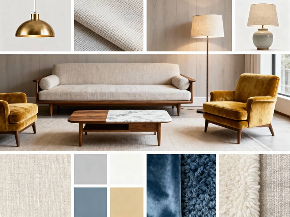 Diseño interior con sofá beige, sillones dorados y mesa de centro moderna.