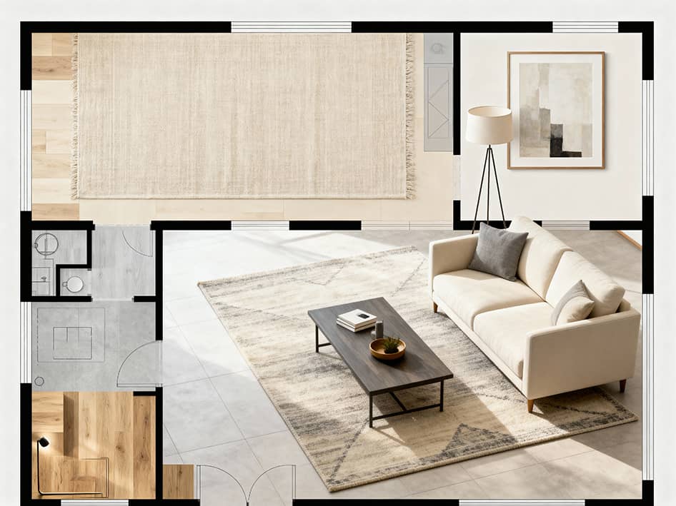 Plano de planta de sala de estar con alfombra, sofá y baño. Servicios de diseño interior.