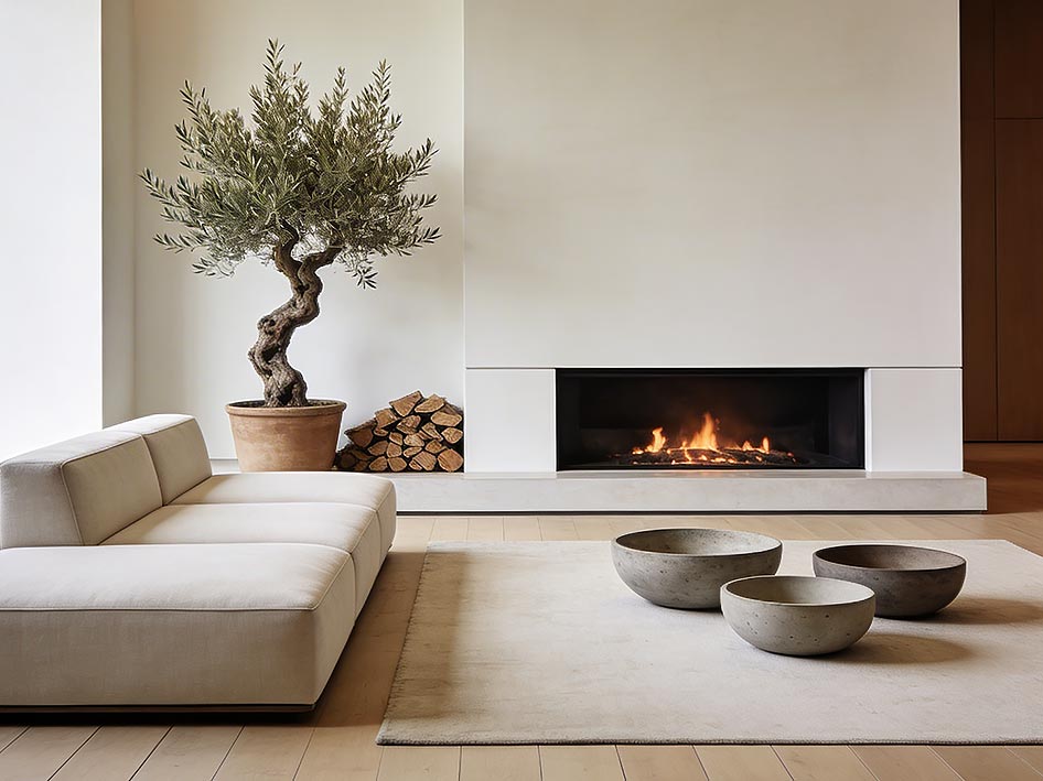 Salón minimalista con chimenea, sofá beige y olivo. Servicios Valorium.
